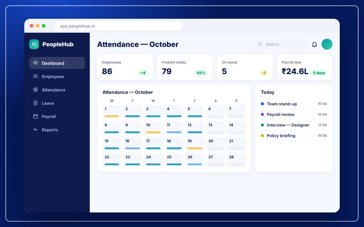 HR, Attendance & Payroll Software — sample design preview